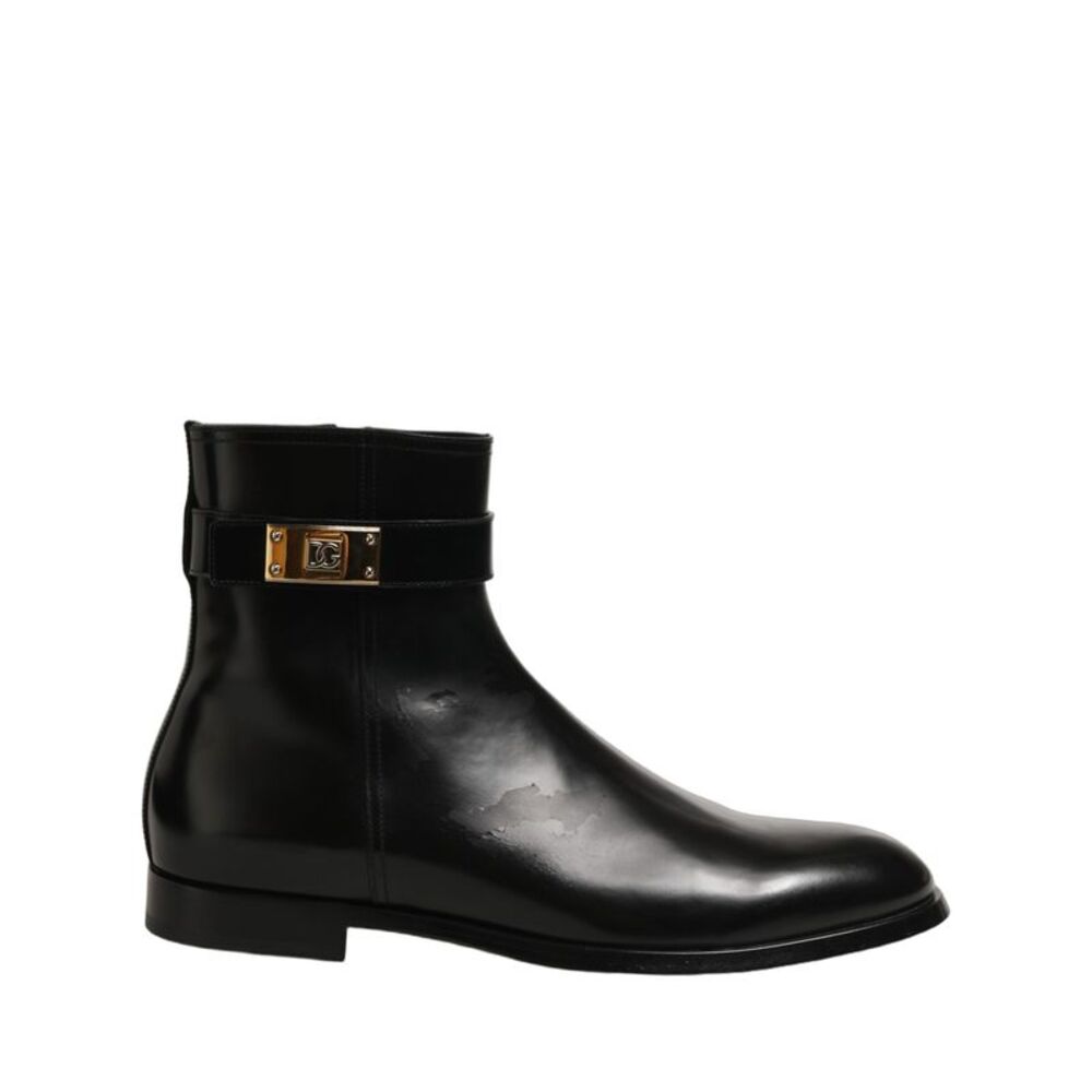 Dolce & Gabbana Black Leather Buckle Mid Calf Boots Men's Shoes